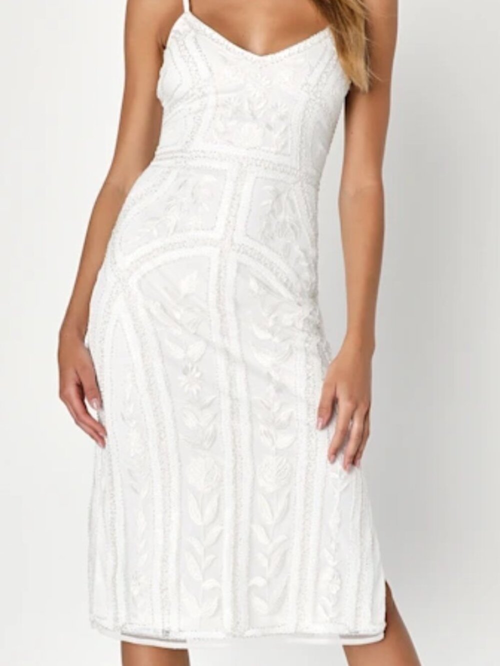 Alluring Interest White Sequin Embroidered Sleeveless Midi Dress